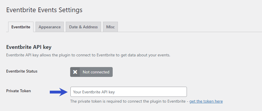 Pasting Eventbrite private token to plugin's settings